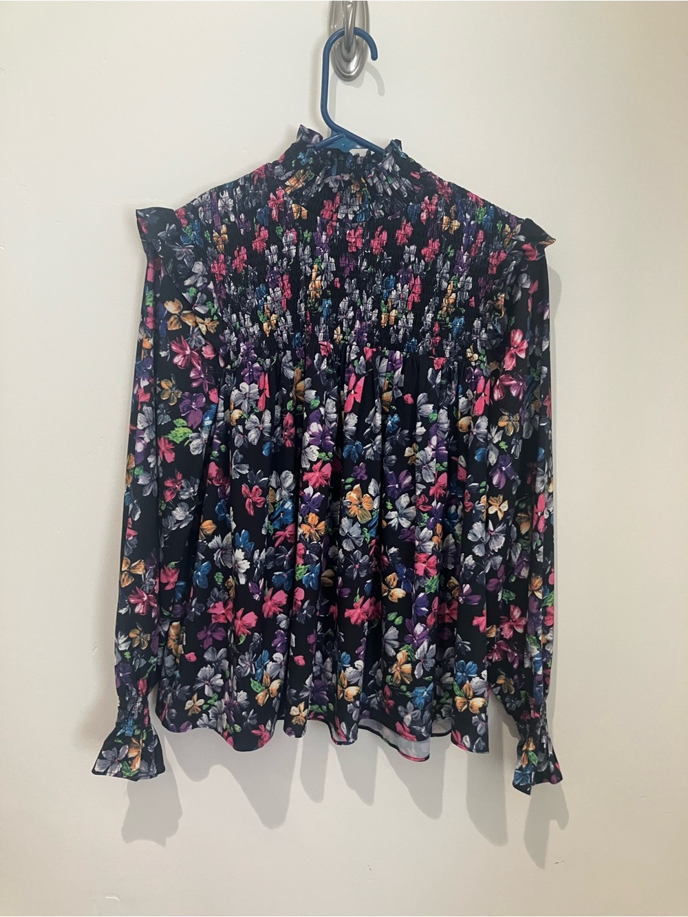 French Connection Alianna Drape Black Floral Smocked High-Neck Ruffle Blouse